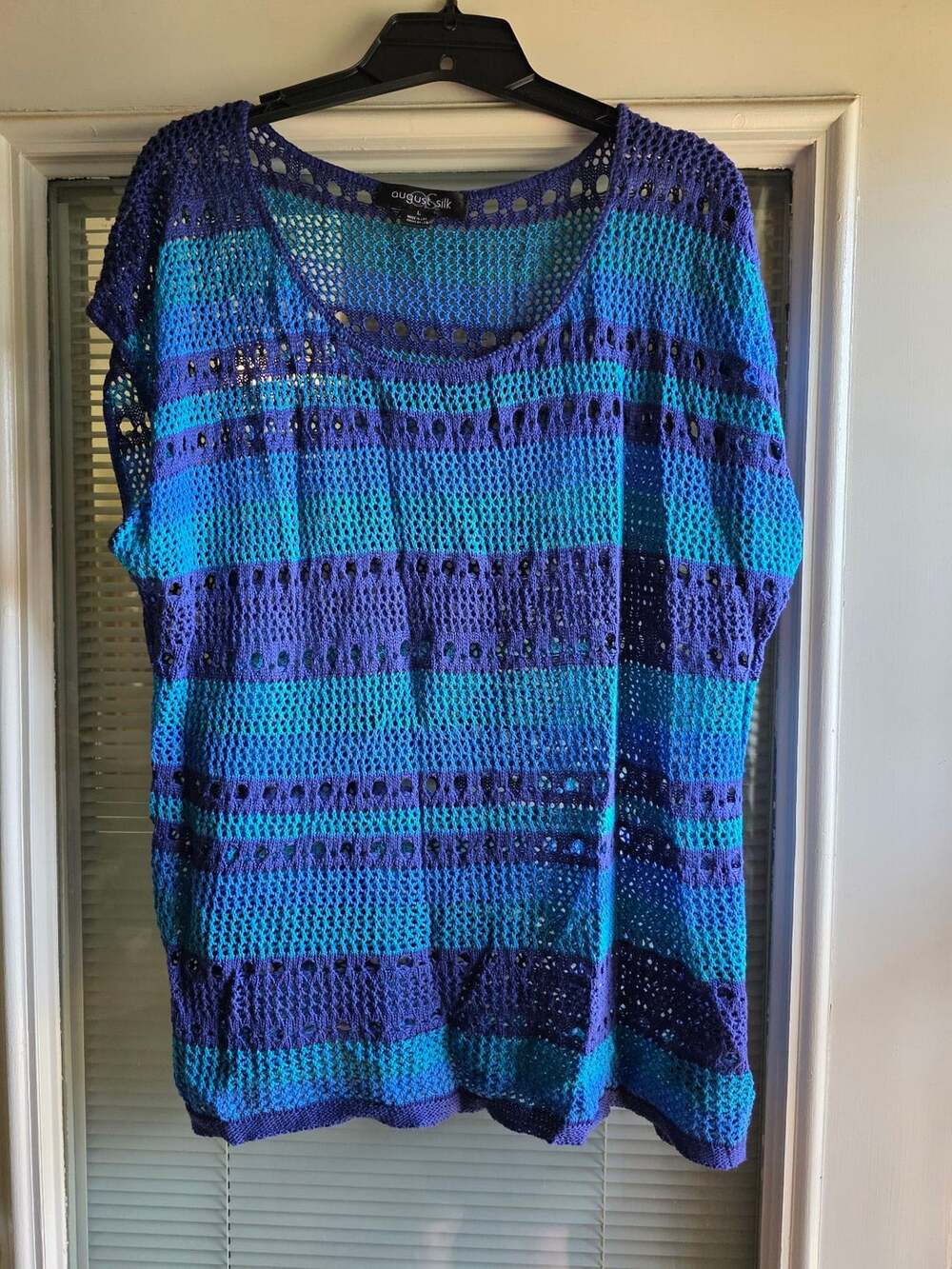 August Silk Striped Crochet Knit Tunic Size Large Blue Purple Summer Top